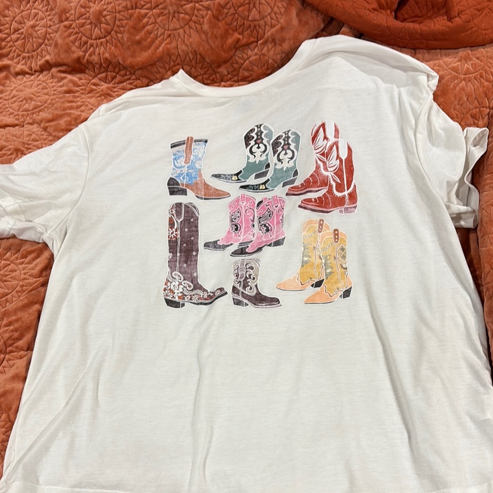 White T-Shirt with Colorful Cowboy Boots Print